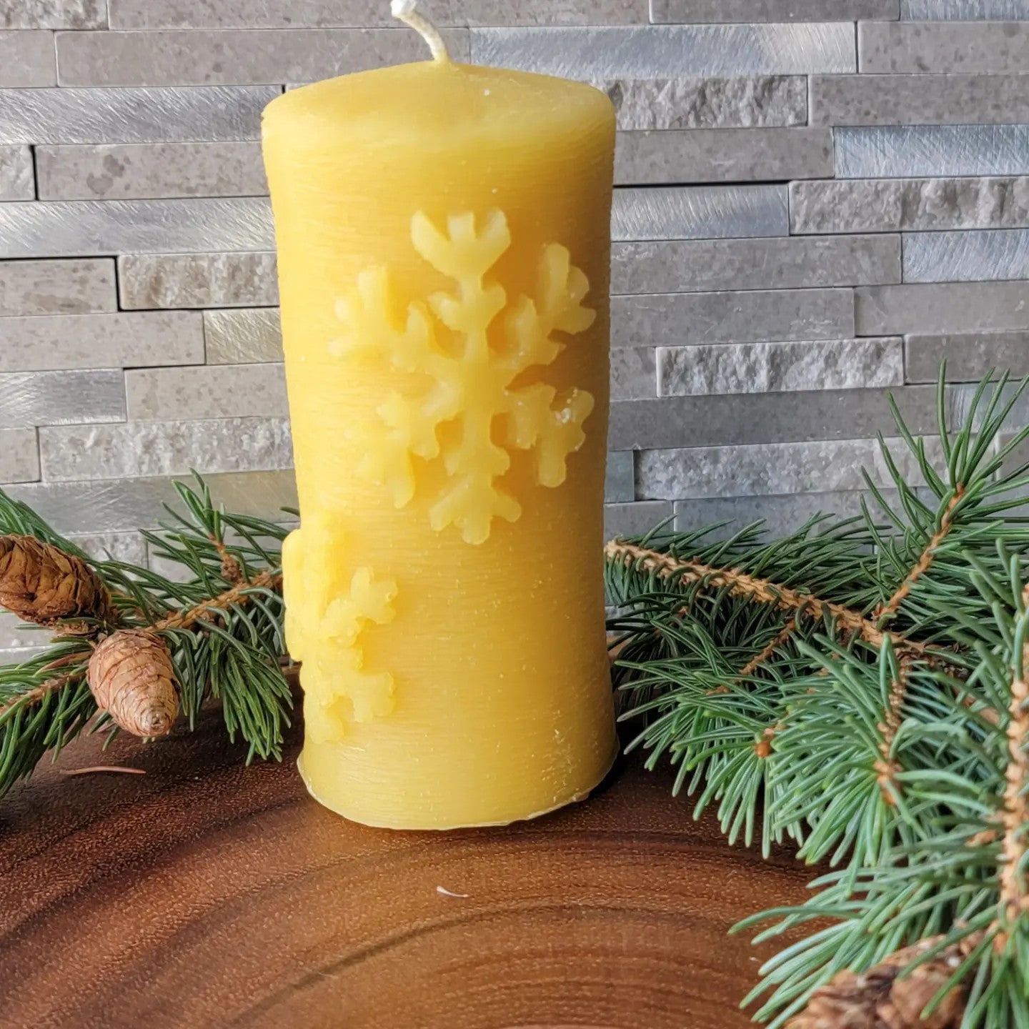 Snowflake pillar beeswax candle