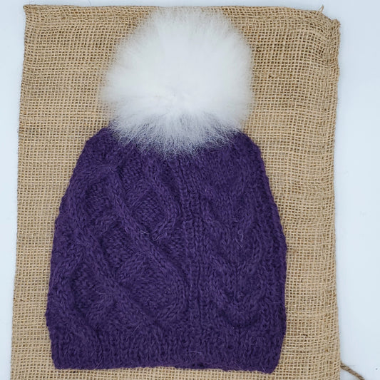 Pom-Pom Cable Alpaca Hat Blend purple