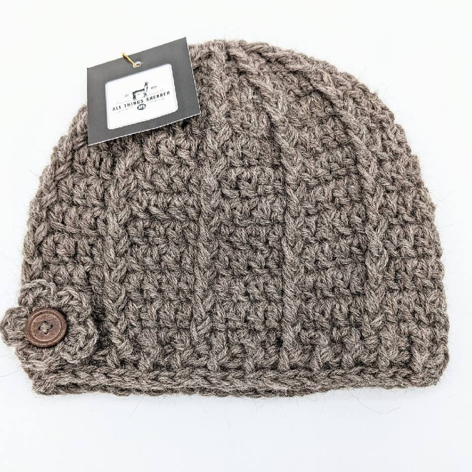 Handmade crocheted alpaca hat with flower button - natural